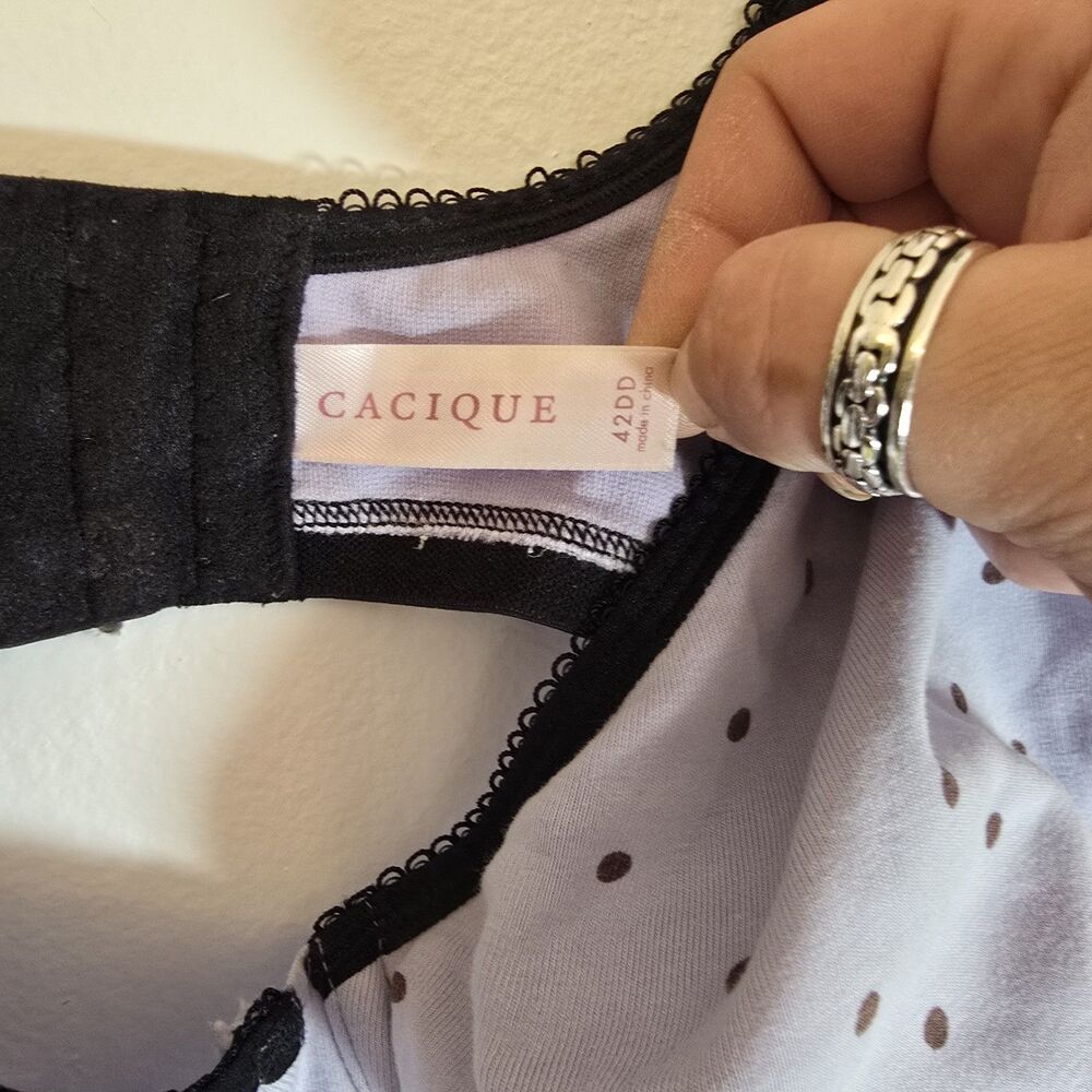 Cacique Plunge Womens 42DD Black white Polka Dot Bra Underwire french balconette - Picture 2 of 4